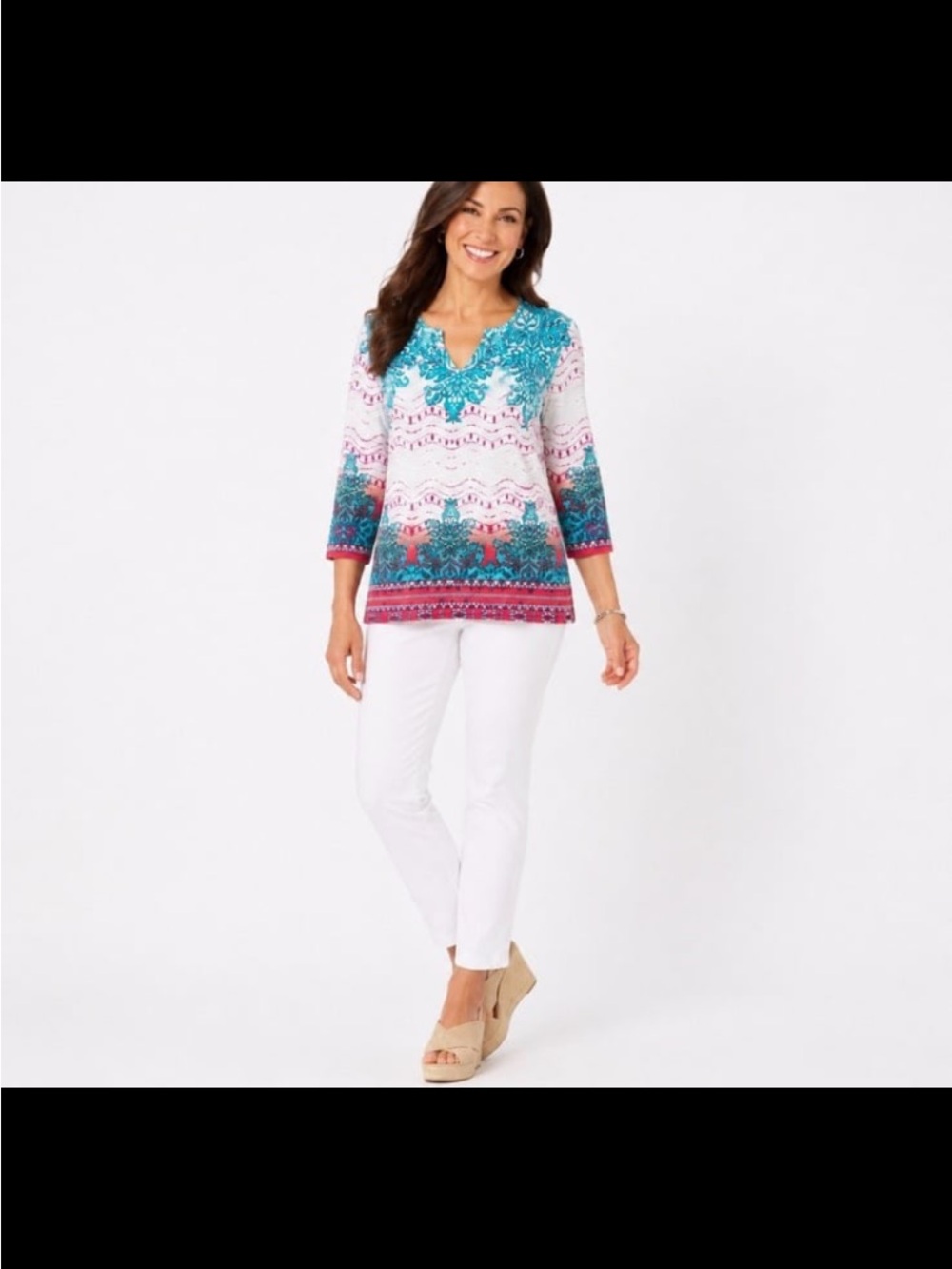 Chicos Women’s Turquoise & Pink Printed V-Neck Tunic Top L